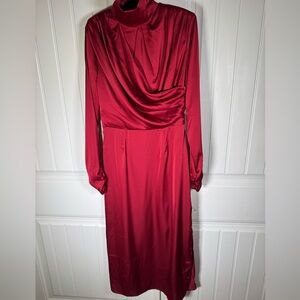 Alexia Admor Dress Sz 6 Red Satin Long Sleeve High Neck Slit Draping